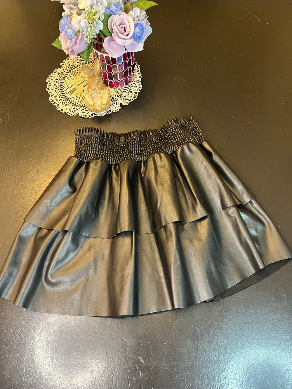 Whiteroom + Cactus NWOT Black Faux Leather Ruffle Tiered Mini Skirt Sz XL PullOn
